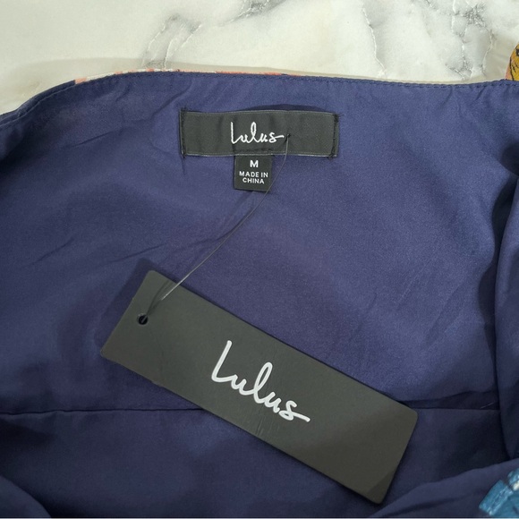 Lulus Stunning Soiree Navy Blue Floral Print Ruched Midi Dress Ruffles Medium - Picture 15 of 16